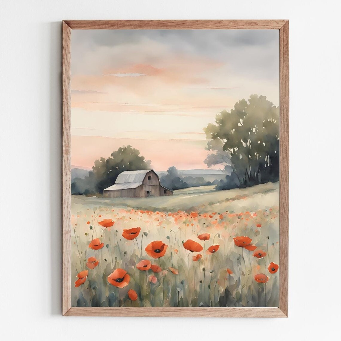 Red Poppy Field Rustic Barn Watercolor Country Sunset Art Poster