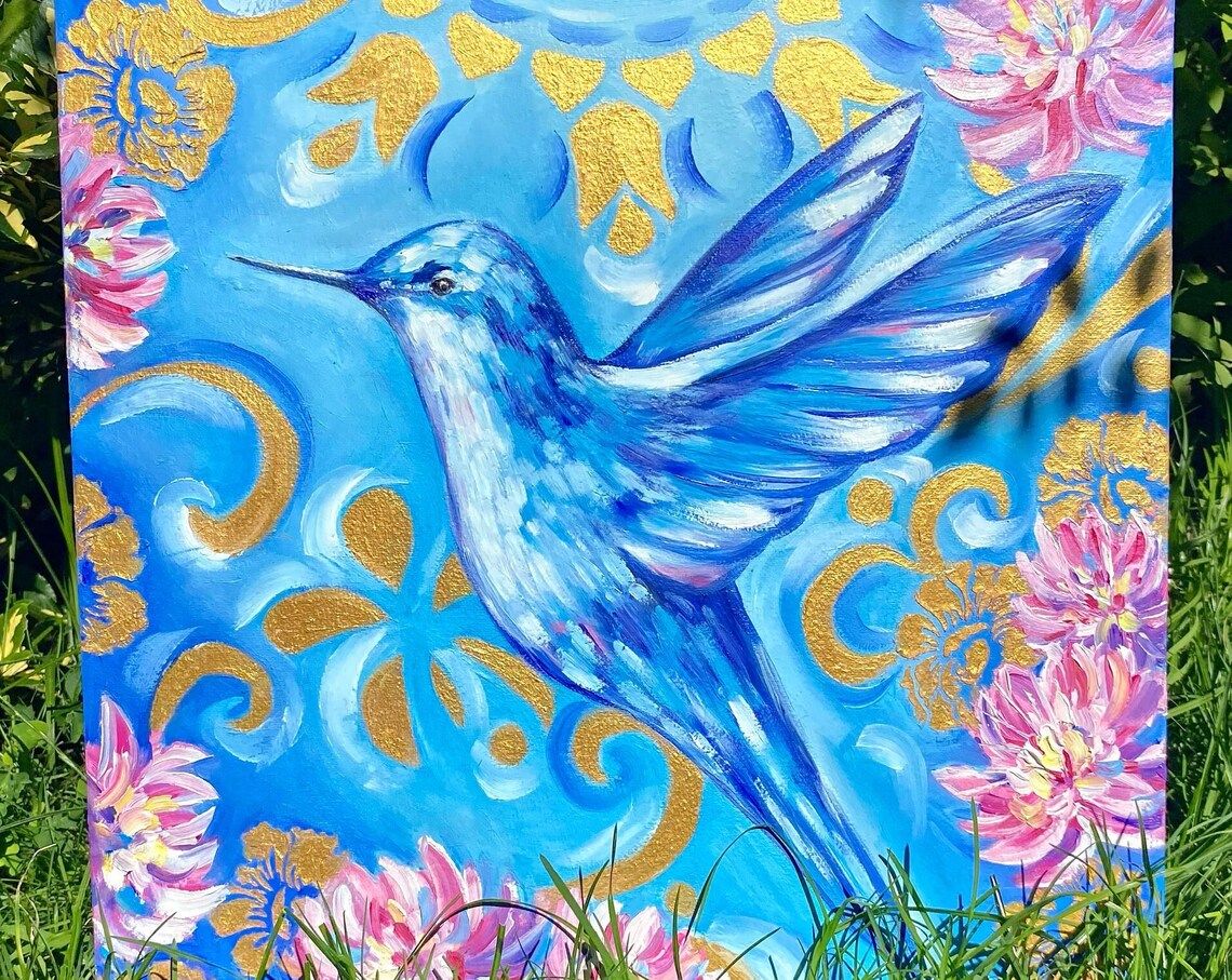 Bird Painting Original Blue Bird Oil Painting On Small Bird Wall Art Humming Bird Art Hummingbird Original Painting Bird Lover Gift