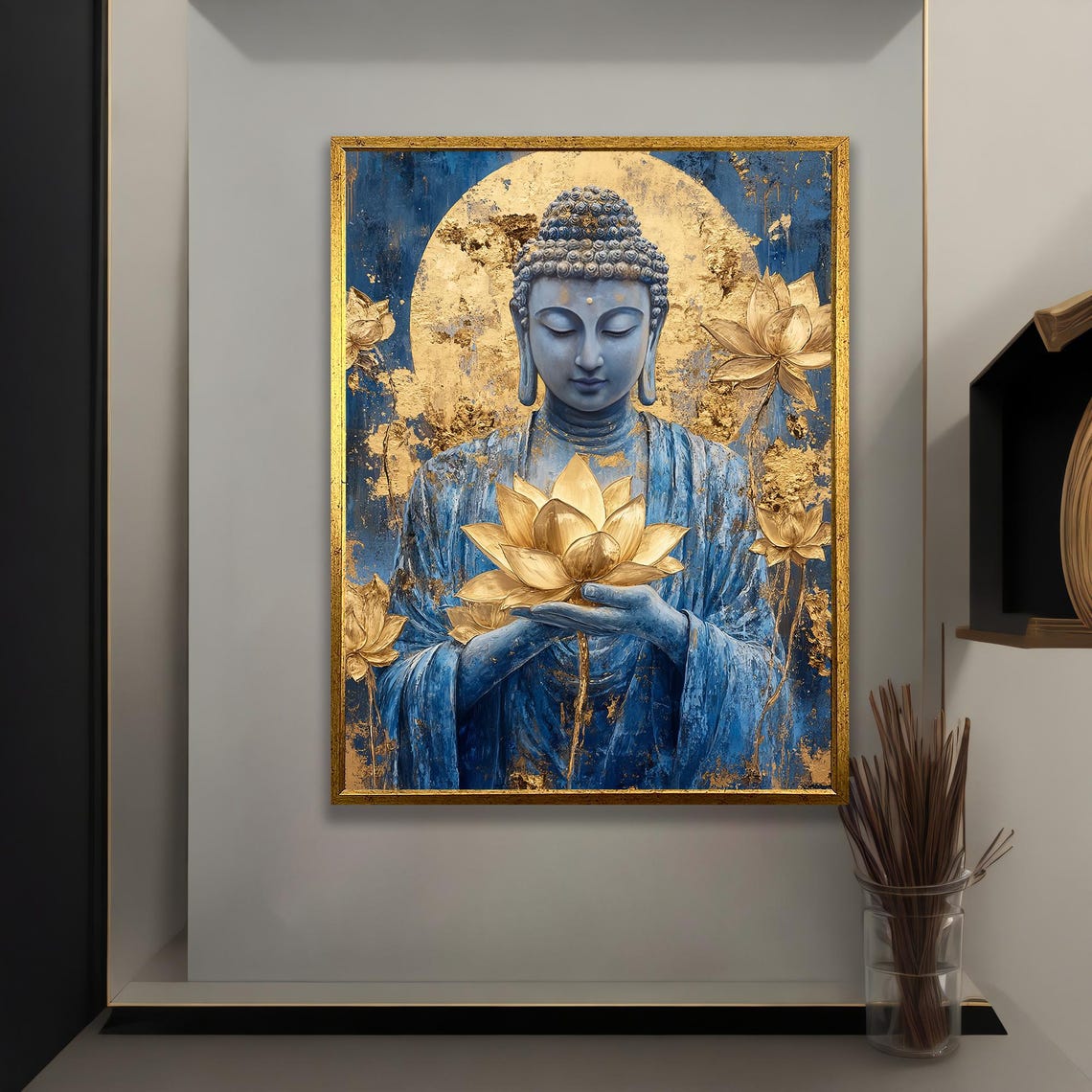 Buddha Holding Gold Flower Wall Art Spiritual Zen Canvas Print Meditation Decor