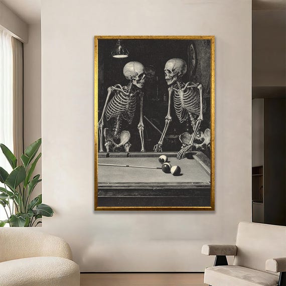 Two Skeletons Playing Billiards Gothic Dark Humor Wall Art