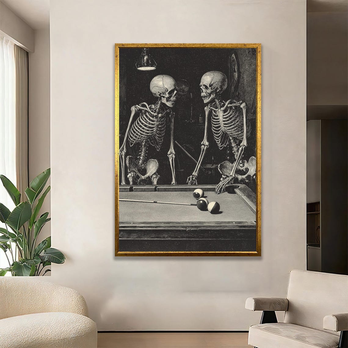 Two Skeletons Playing Billiards Vintage Dark Humor Goth Wall Art
