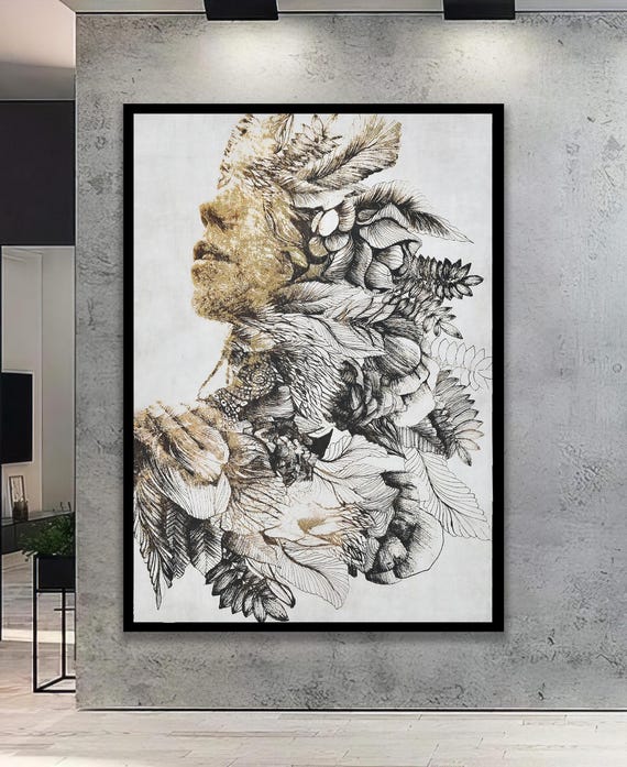Minimalist Woman Silhouette Art Print Black White Floral Canvas