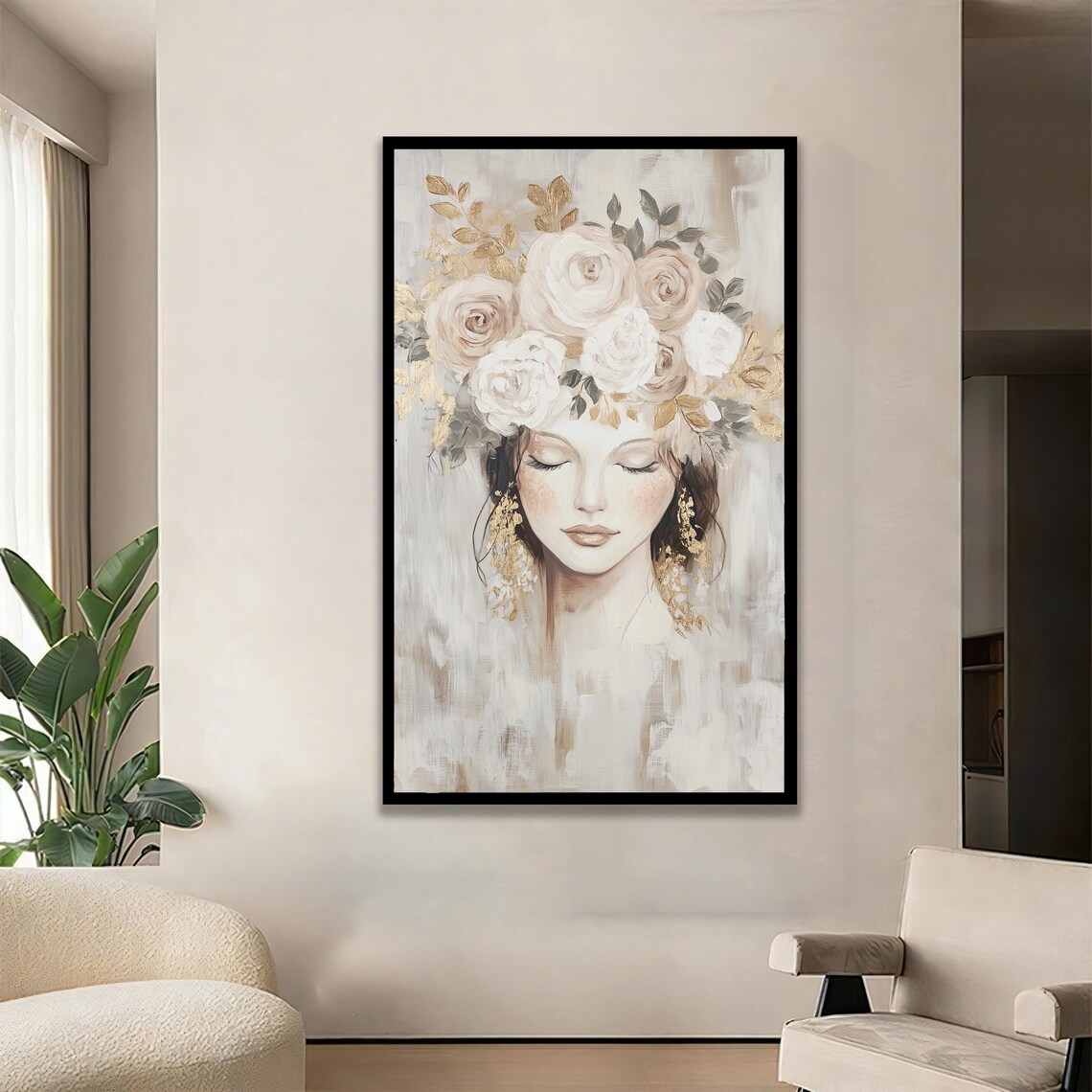 Woman With Rose Crown Closed Eyes Elegant Floral Portrait Art Poster