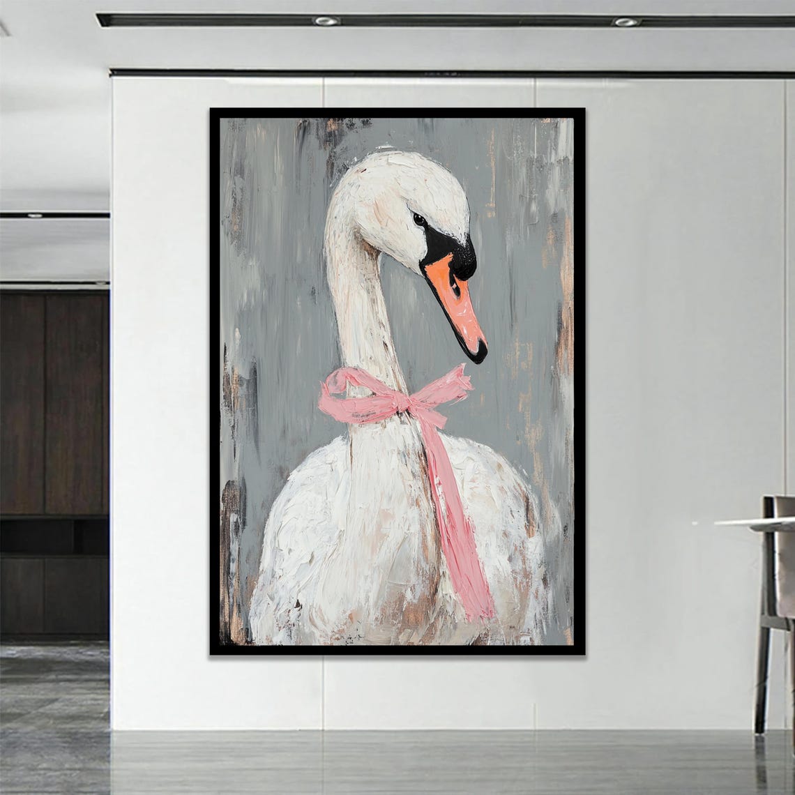 White Swan Pink Ribbon Bow Elegant Whimsical Canvas Style Art Poster
