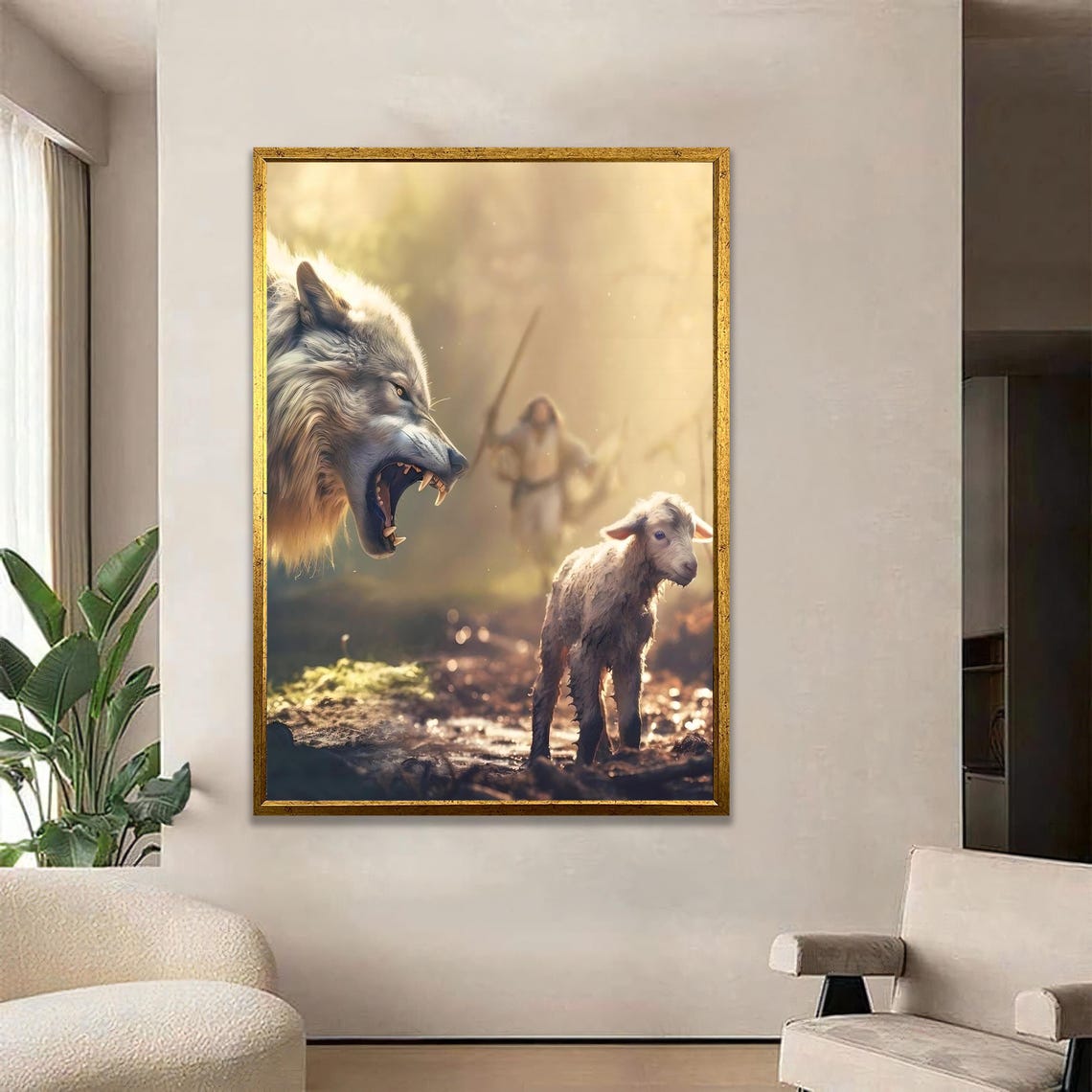 Wolf And Lamb Shepherd Dramatic Wildlife Encounter Golden Light Poster