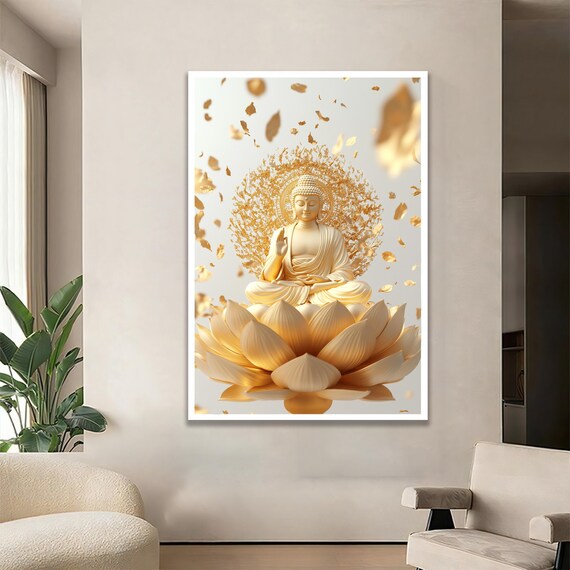 Golden Buddha With Flower Spiritual Zen Wall Art