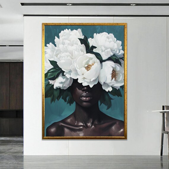 Woman With White Peonies Crown Teal Background Portrait Art Poster