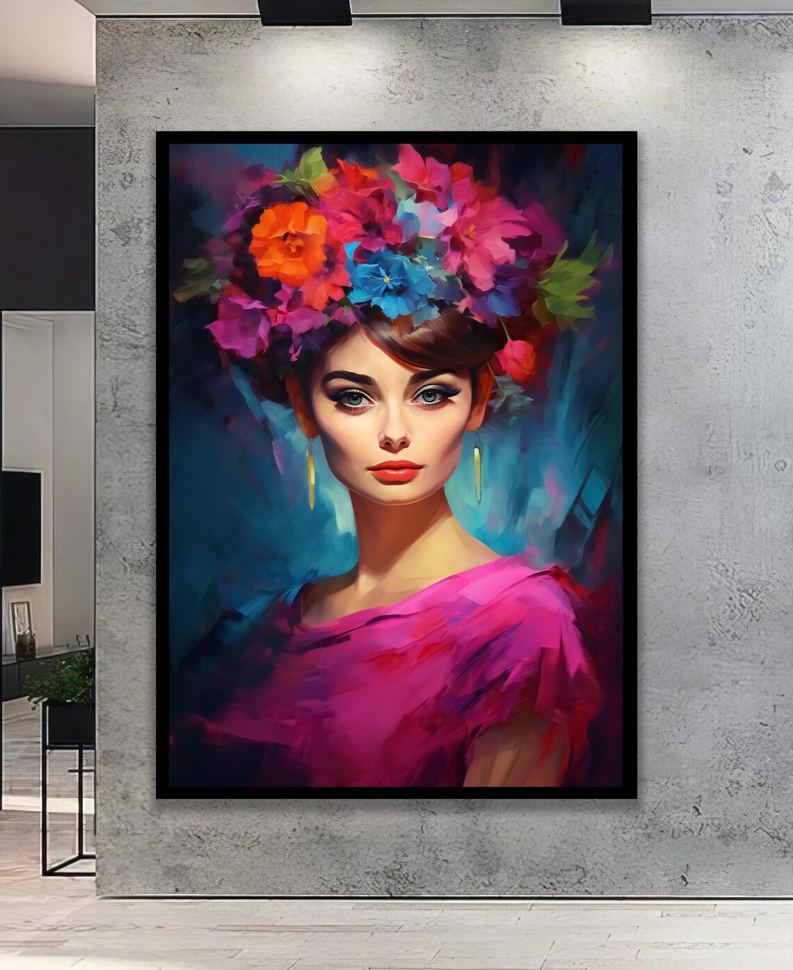 Woman Pink Dress Colorful Flower Crown Blue Portrait Painting Poster