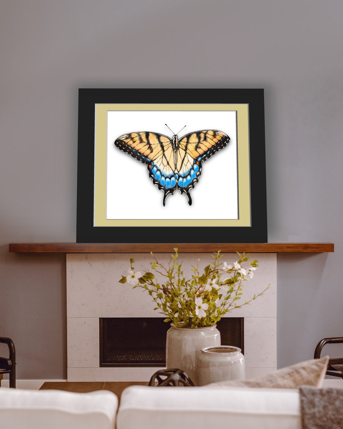 Swallowtail Butterfly Yellow Black Blue Wings On White Poster - Image 2