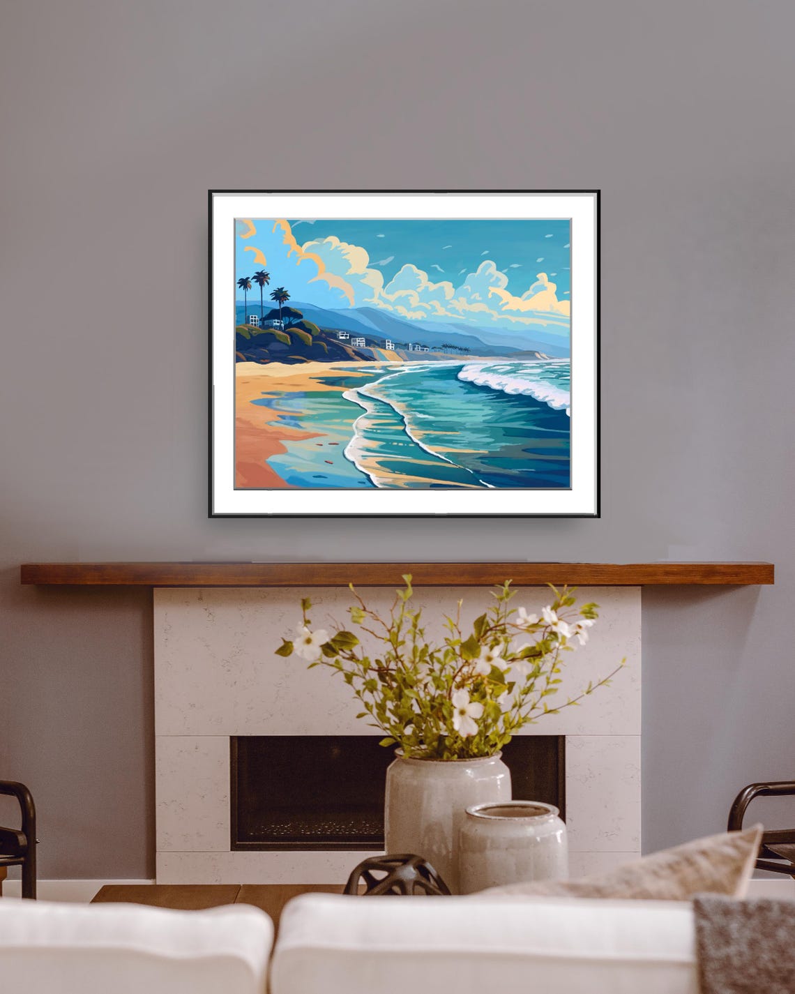 Beach Day Waves Sand Palms Puffy Clouds Coastal Seascape Poster - Image 3