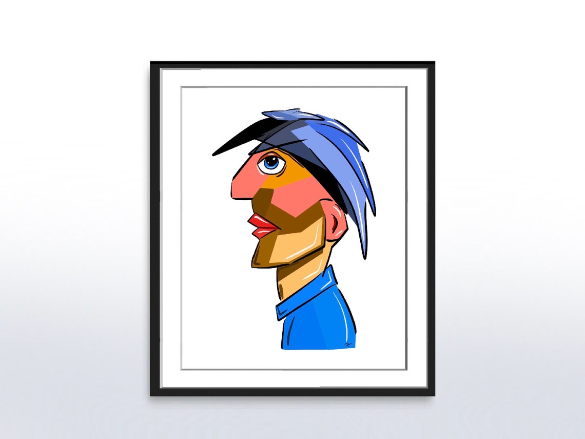 Cubist Male Profile Portrait Blue Hair Geometric Style Art Poster