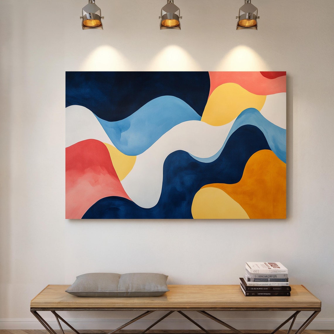 Vibrant Abstract Artwork With Flowing Shapes And Bold Colors In Blue Yellow White Red And Navy Evoking Modern Harmony