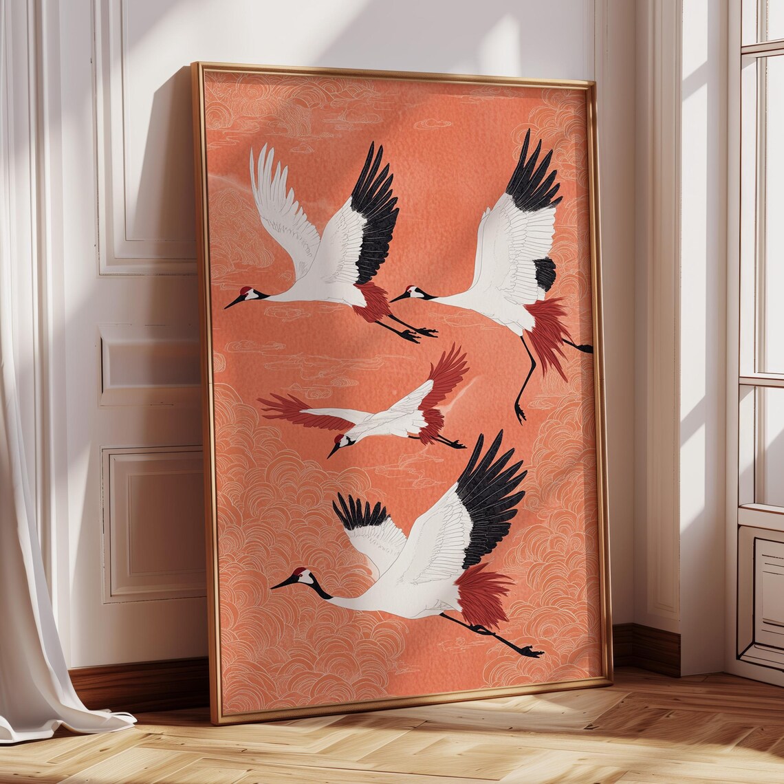 Japanese Crane Flight Art Print, Zen Bird Decor