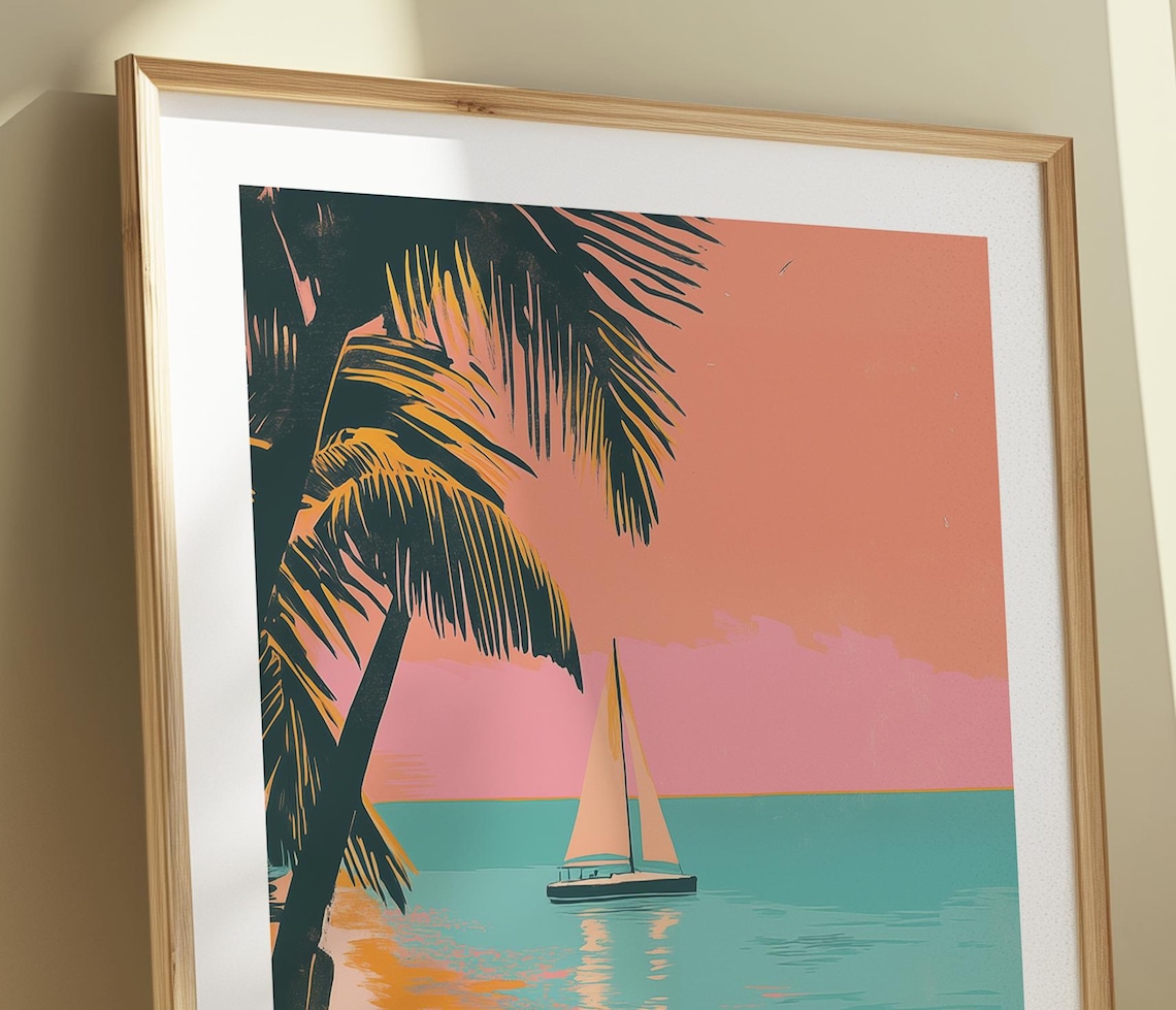 Key West Florida USA Vintage Travel Poster Sailboat Beach Sunset Scene - Image 4