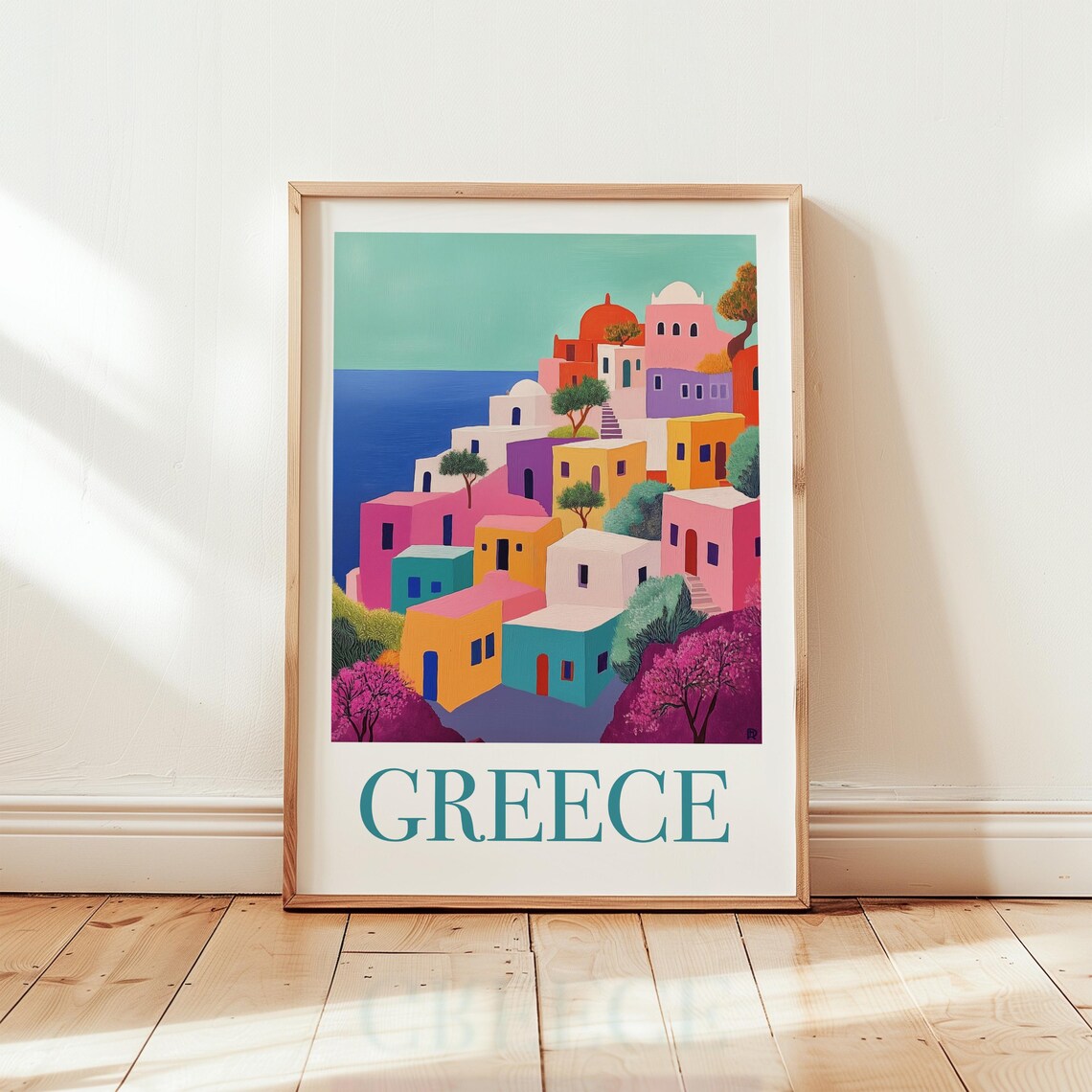 Greece Vibrant Hillside Village Matisse Style Mediterranean Poster Art