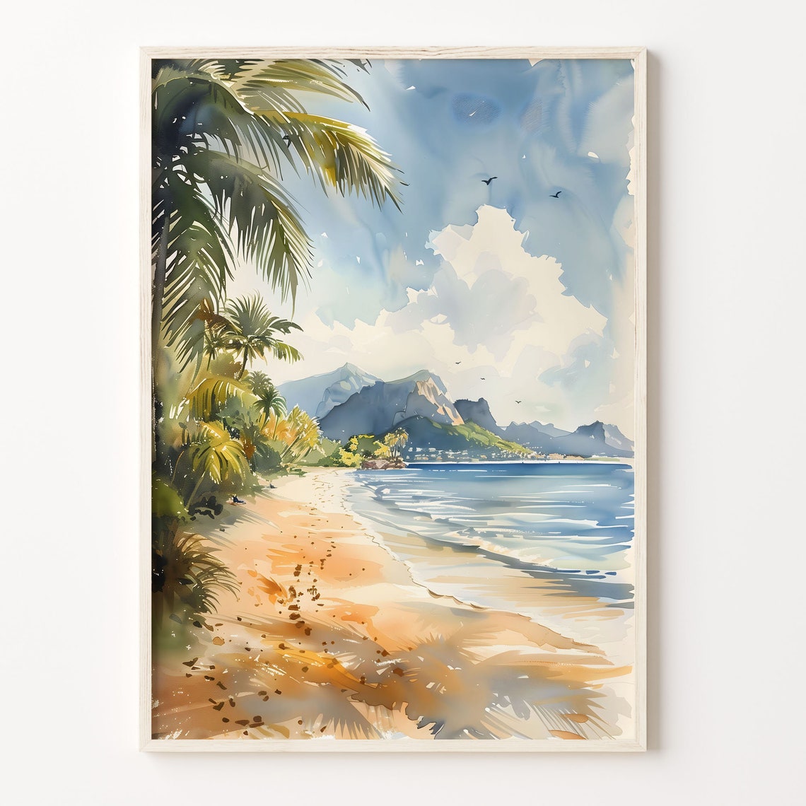 Mauritius Tropical Beach Palm Trees Mountain Watercolor Travel Poster