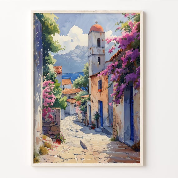 Crete Watercolor Travel Poster, Mid-Century Modern