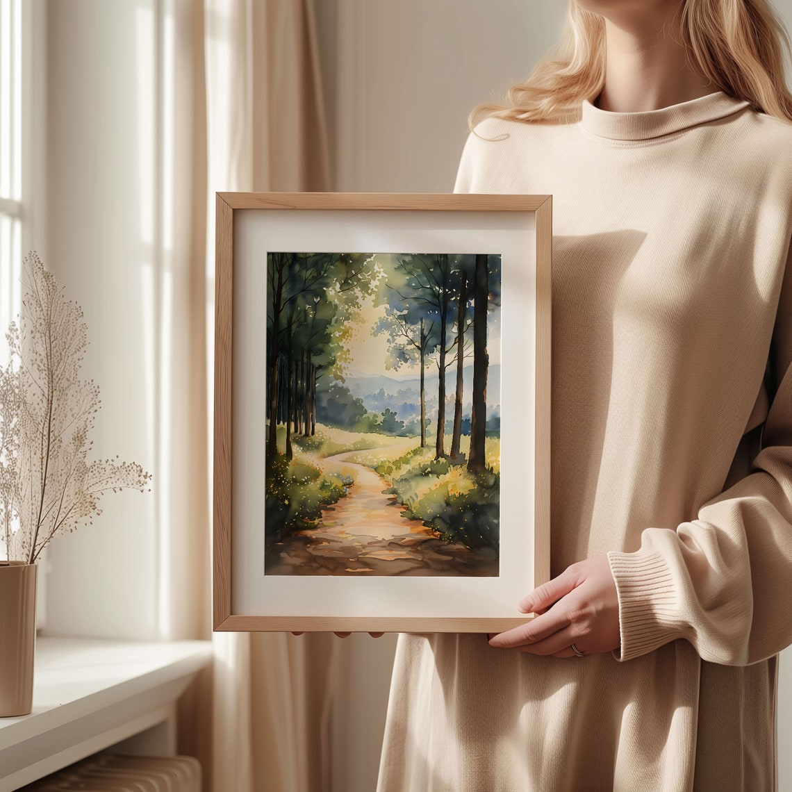 Sunlit Forest Path Watercolor Poster Tall Trees Golden Meadow Walk - Image 2
