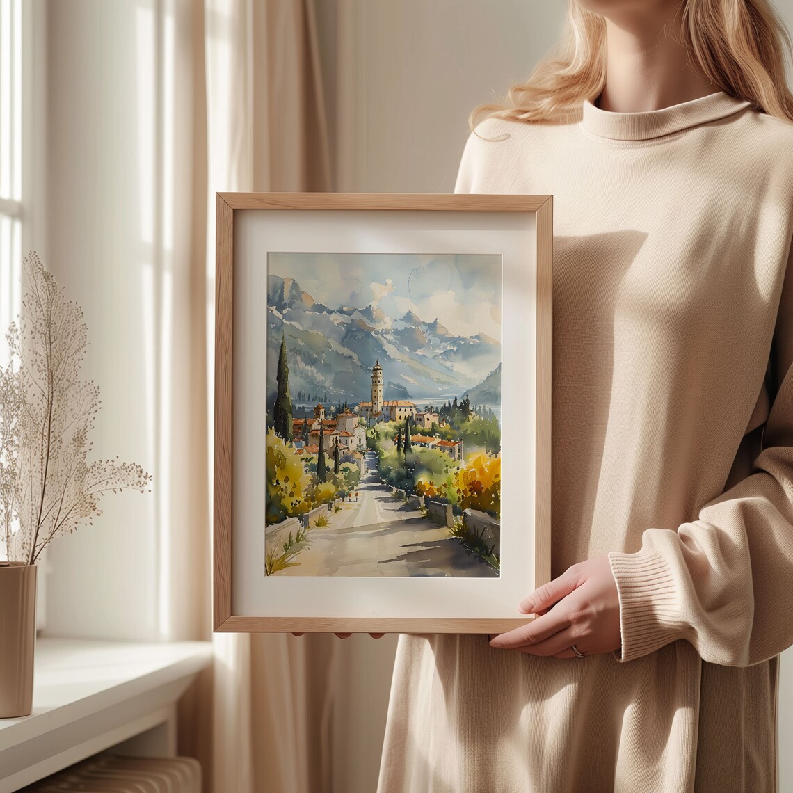 Italian Lakeside Alpine Village Bell Tower Watercolor Poster - Image 2