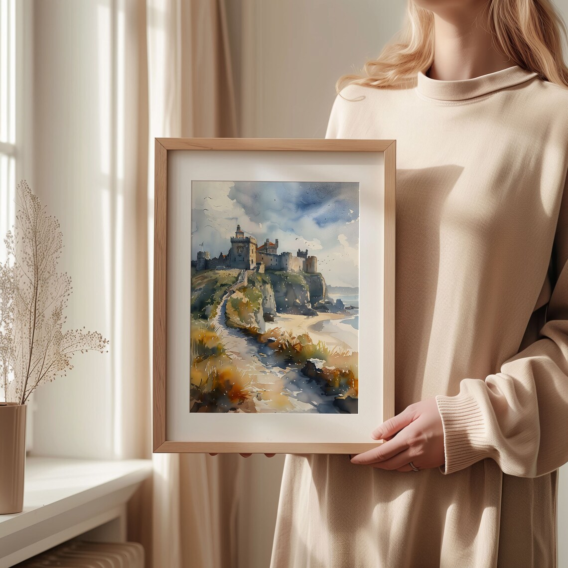 Bamburgh Castle Watercolor Poster Cliff Fortress Beach Golden Sand - Image 2