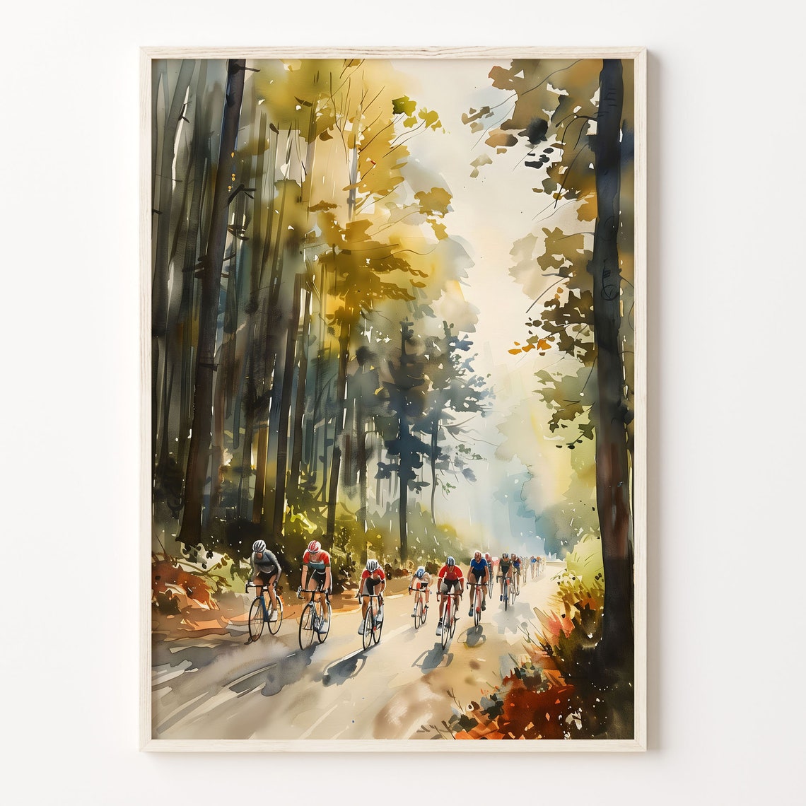 Road Cyclists Racing Through Sunlit Forest Road Watercolor Print