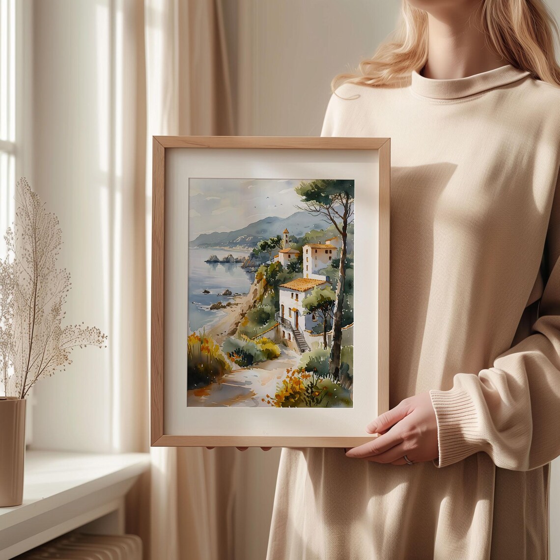Costa Brava Spain Coastal Cove Village Watercolor Painting Poster - Image 2
