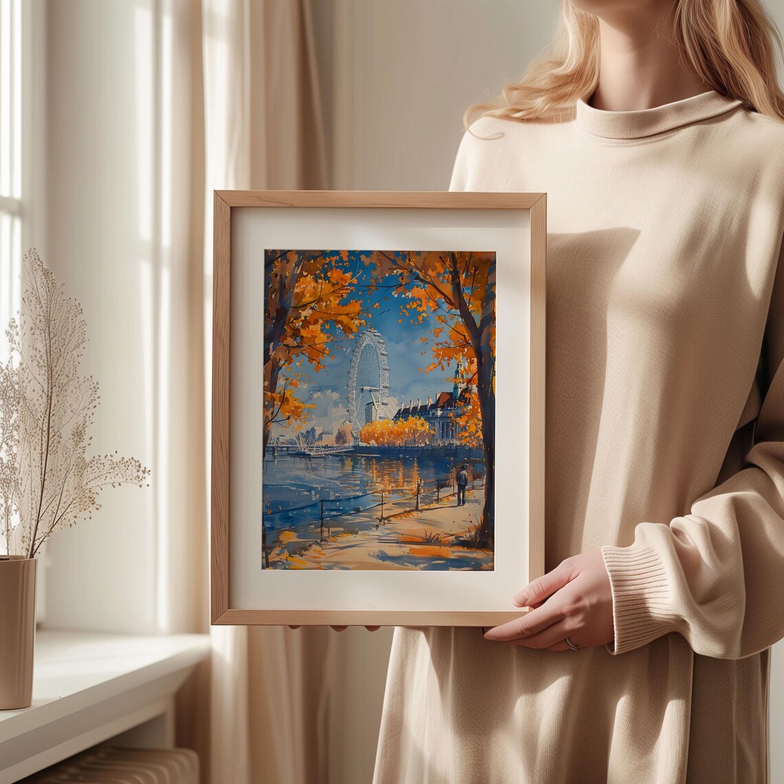 London Eye Autumn Riverside Thames Golden Trees Watercolor Poster - Image 2