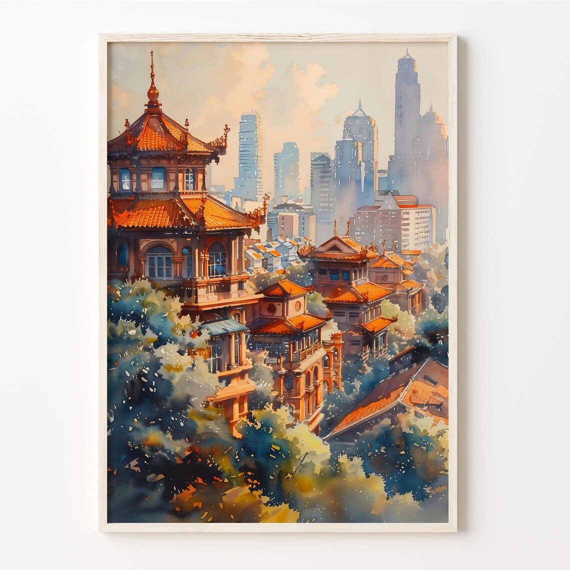 Bangkok Thai Temple Rooftops Skyline Watercolor Painting Poster