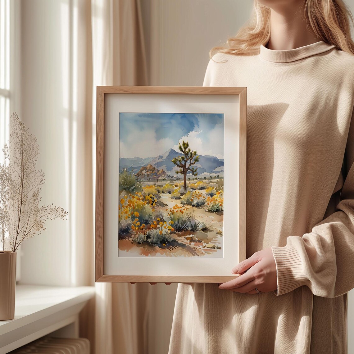 Joshua Tree California Desert Wildflowers Mountain Watercolor Travel Poster - Image 2