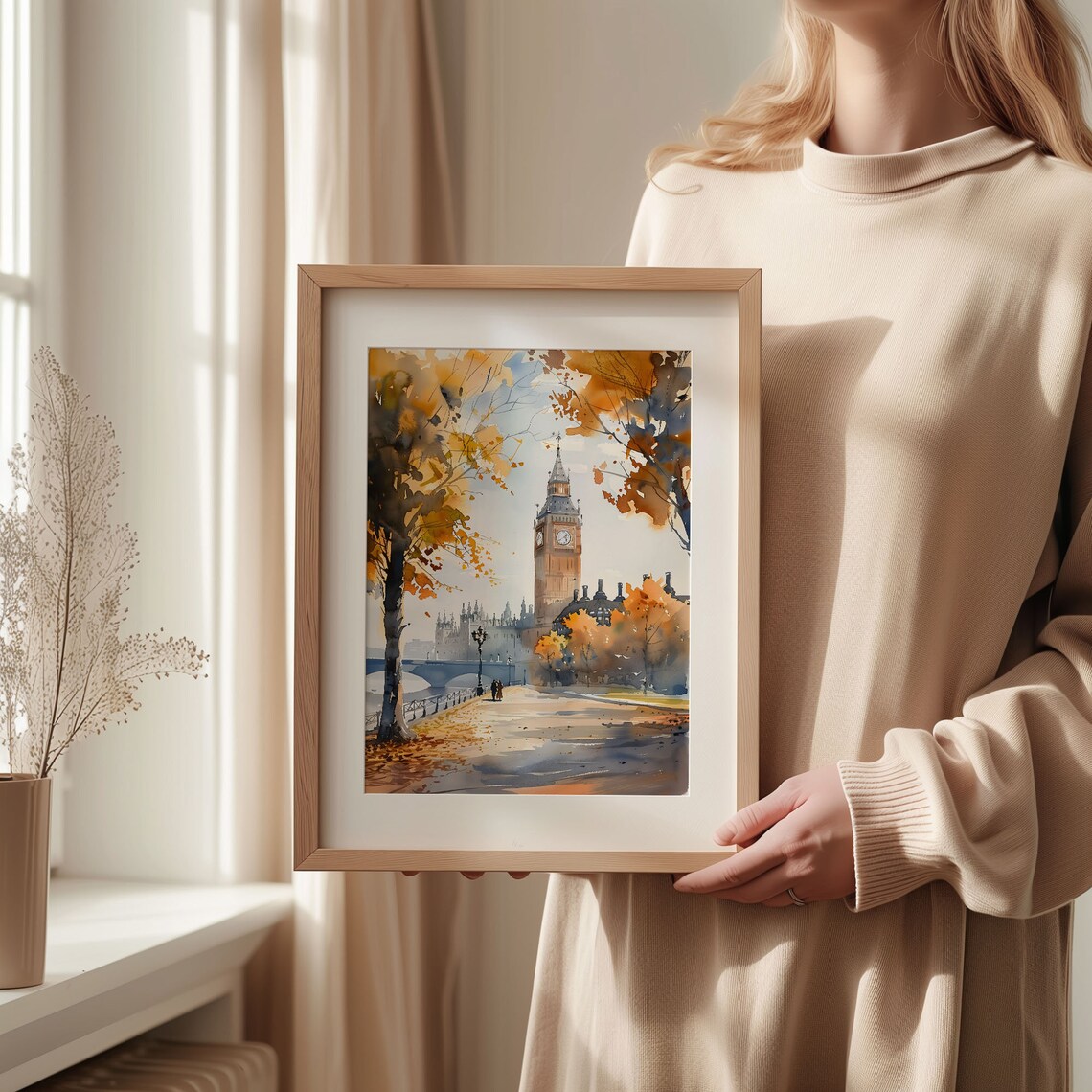 London Big Ben Autumn Watercolor Poster Golden Riverside Trees - Image 2