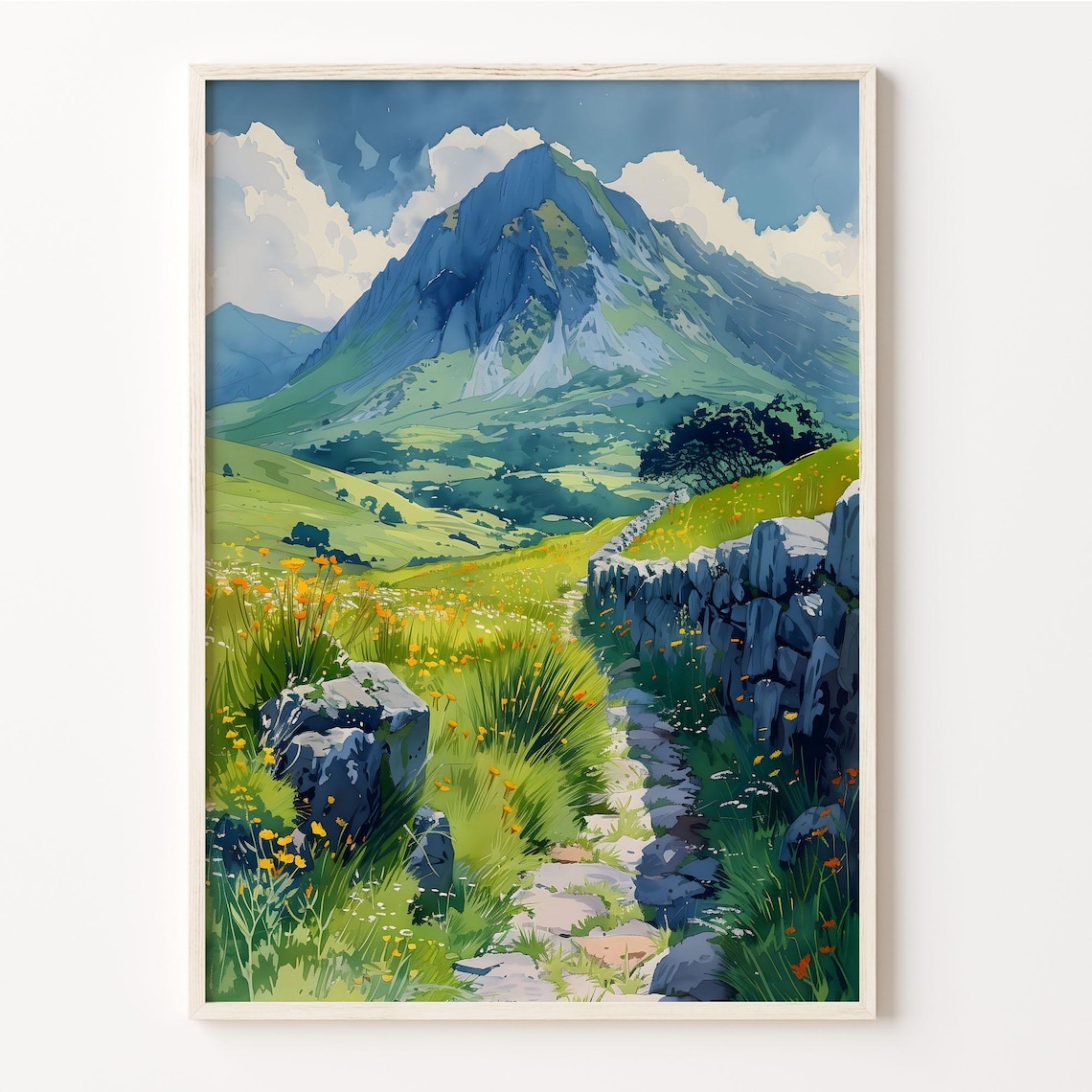 Brecon Beacons Wales Mountain Meadow Stone Wall Watercolor Poster