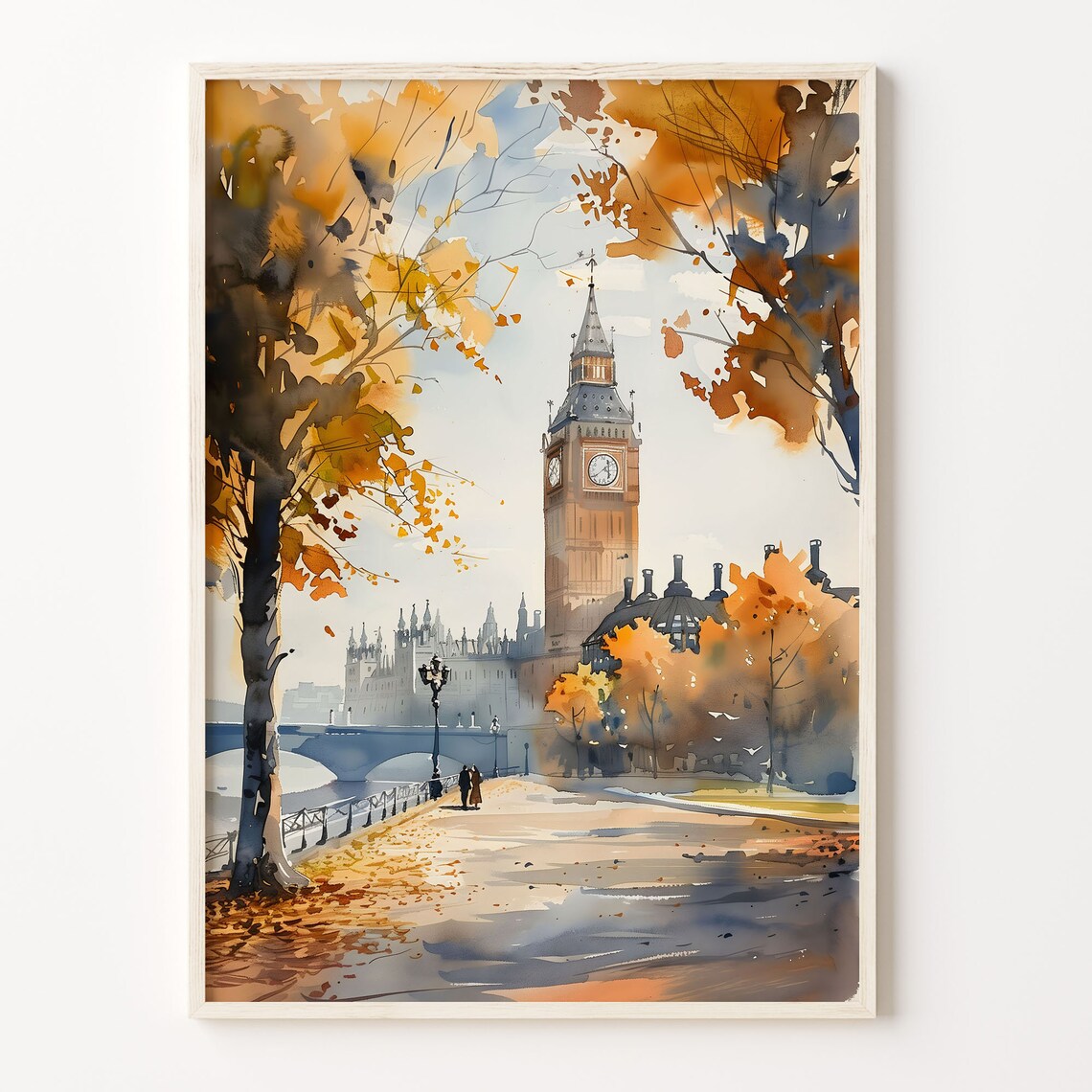 London Big Ben Autumn Watercolor Poster Golden Riverside Trees