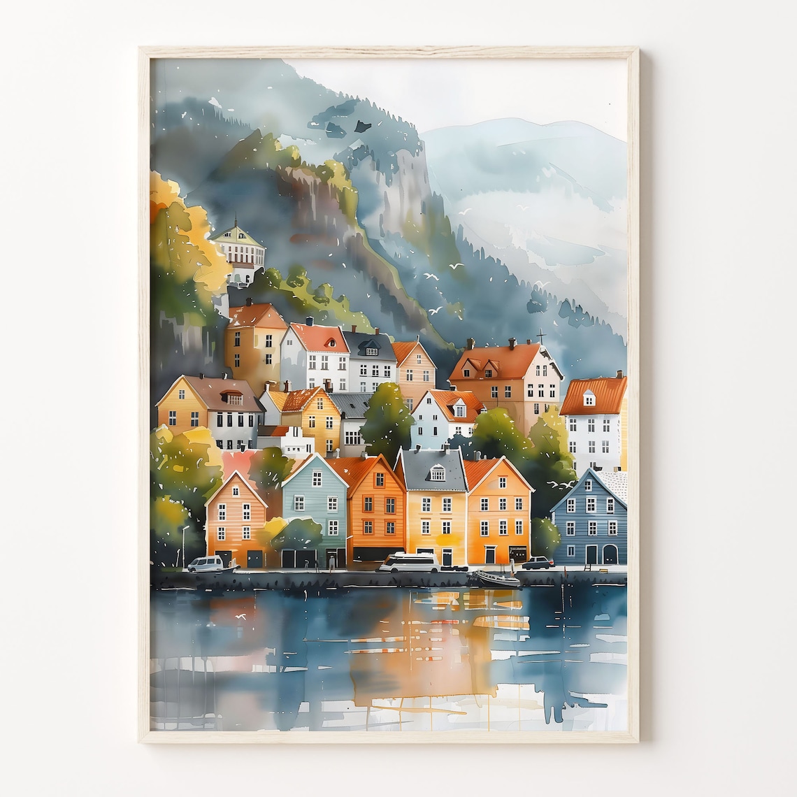 Bergen Norway Watercolor Travel Poster, Wall Art