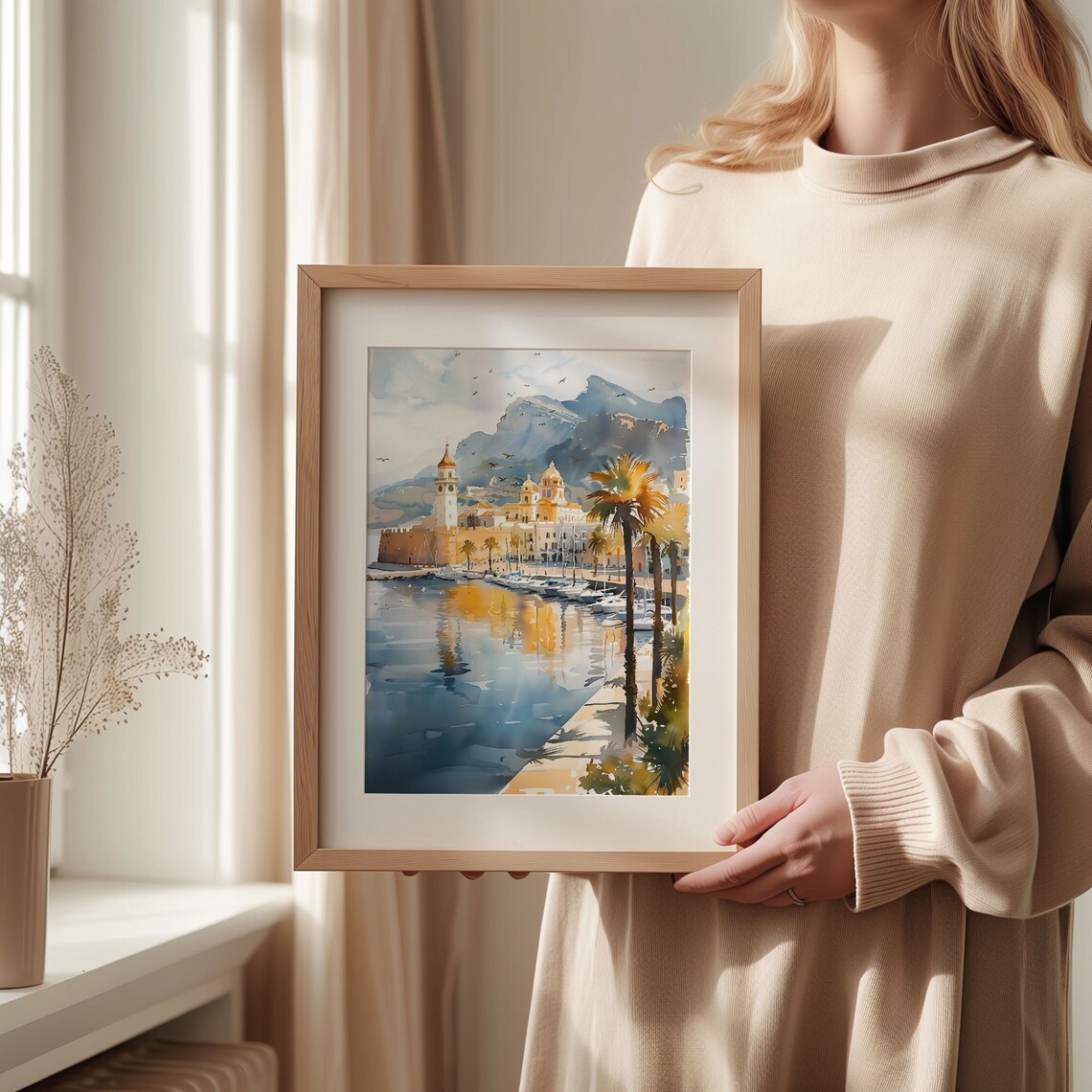 Alicante Spain Harbour Castle Church Palm Trees Watercolor Poster - Image 2