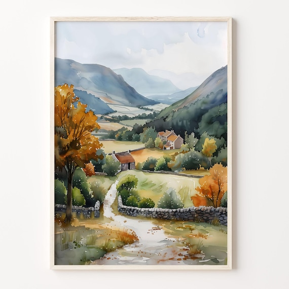 Yorkshire Dales England Autumn Valley Stone Walls Farmhouse Watercolor Poster