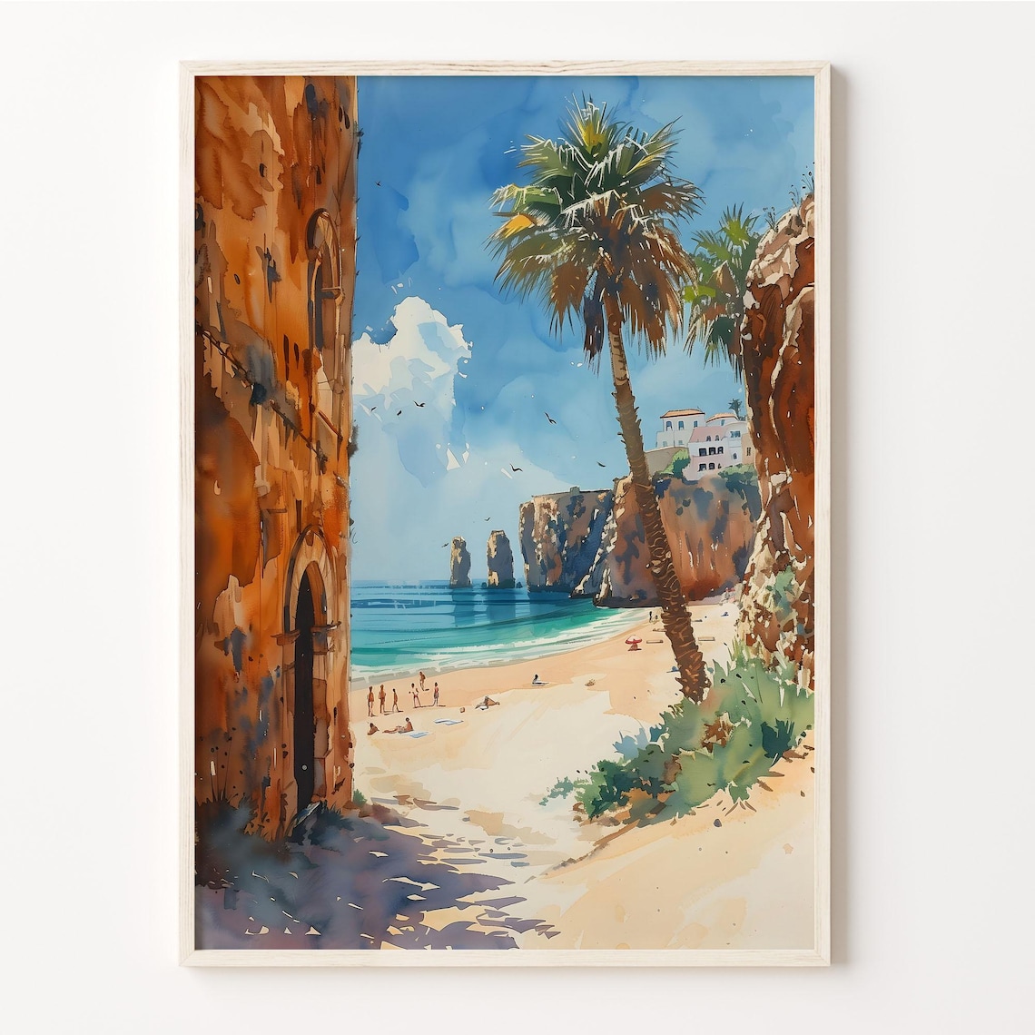 Lagos Portugal Algarve Beach Cliffs Palm Watercolor Travel Poster