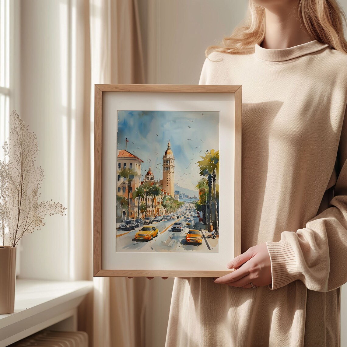 San Diego Watercolor Poster Palm Street Historic Golden Dome Tower - Image 2