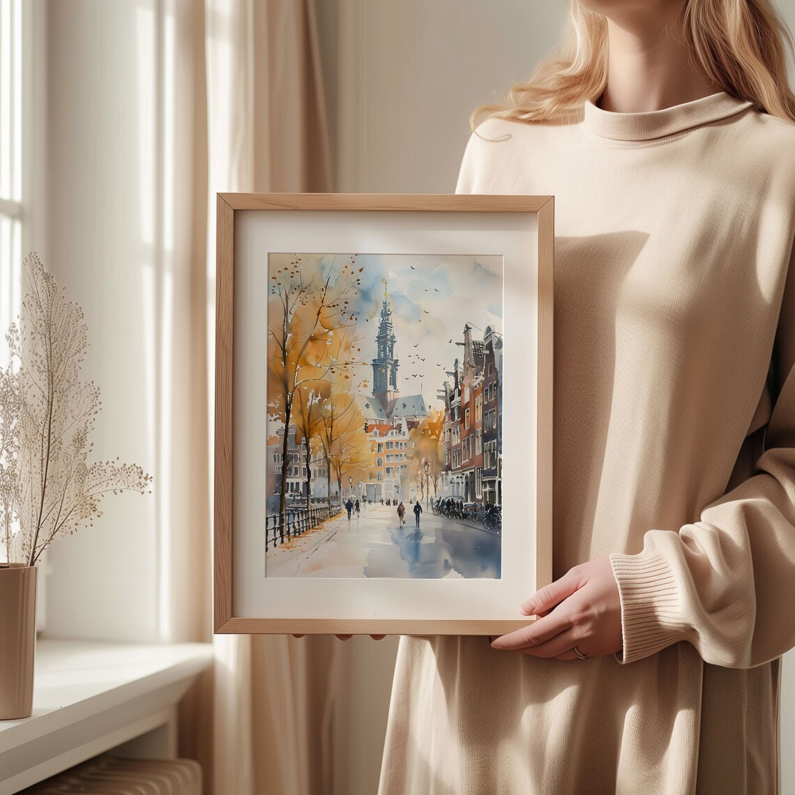 Amsterdam Westerkerk Tower Canal Street Bikes Autumn Watercolor Poster - Image 2