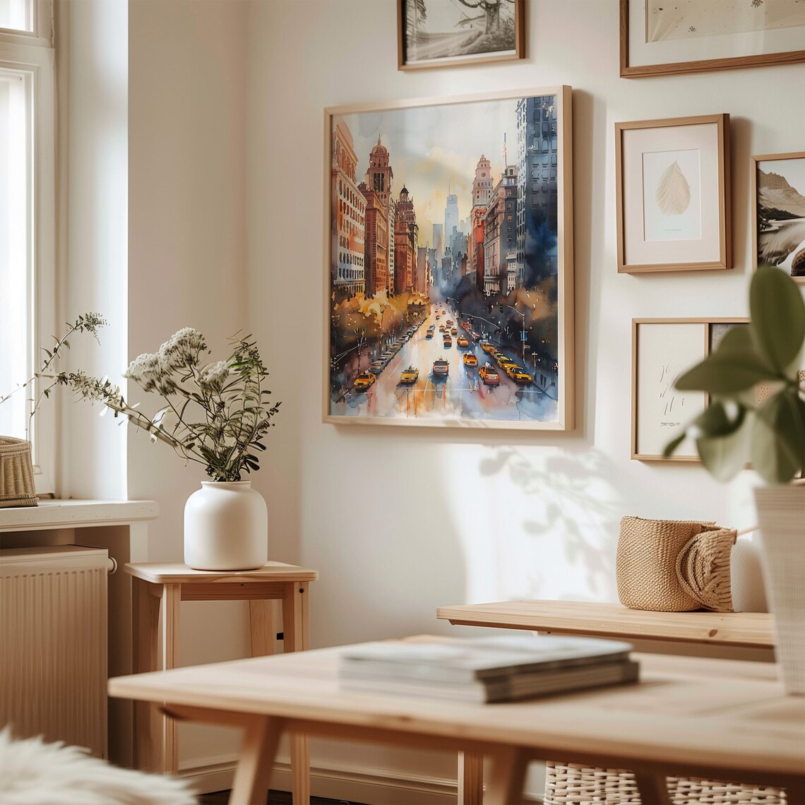 New York City Yellow Taxis Downtown Street Sunset Watercolor Print - Image 3