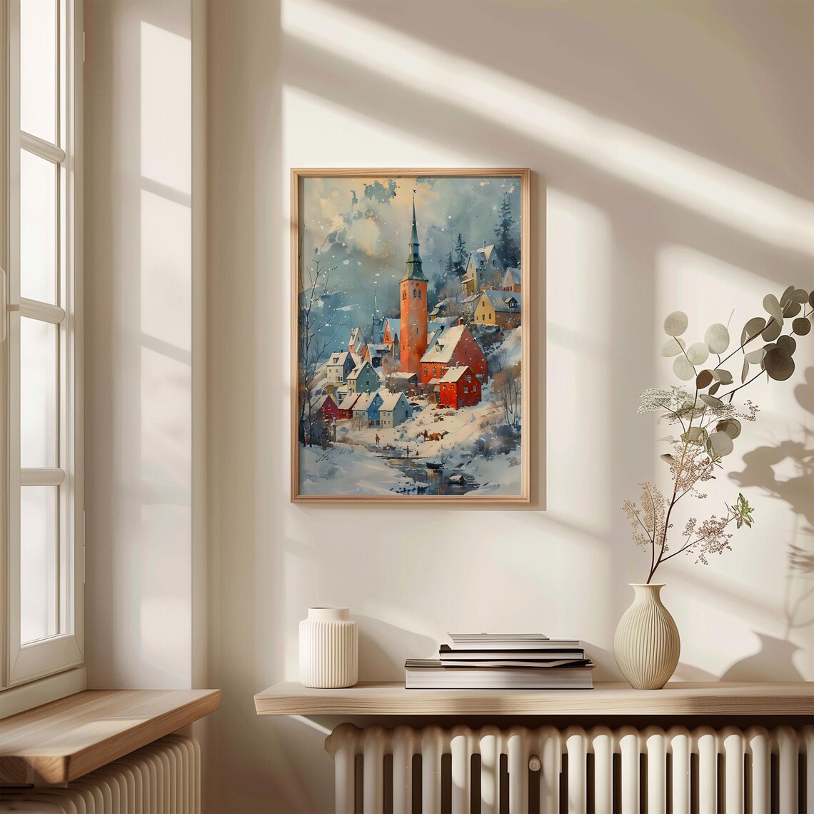 Reykjavik Iceland Snowy Town Church Spire Winter Watercolor Poster - Image 4