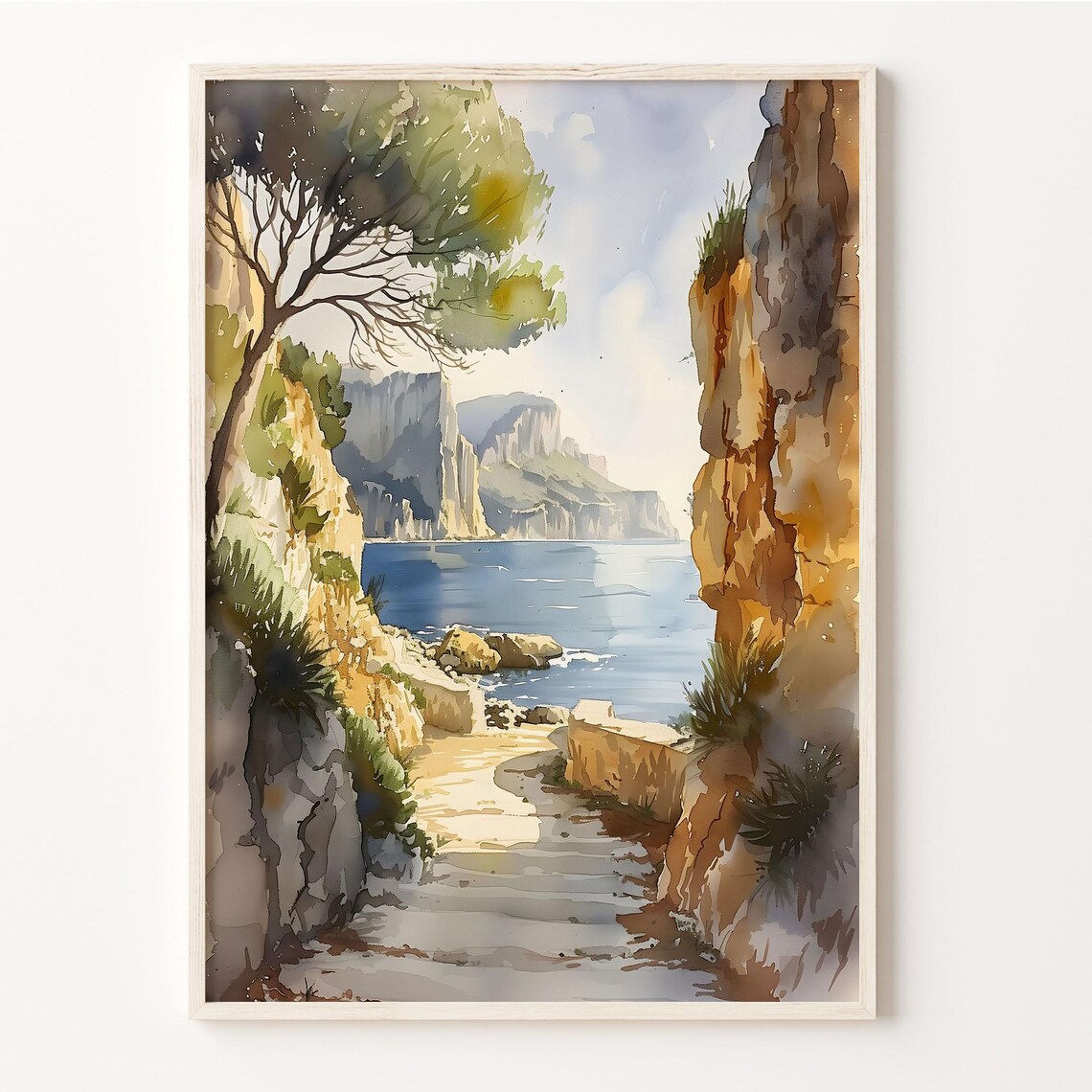 Calanques France Rocky Coastline Cliffs Watercolor Travel Poster