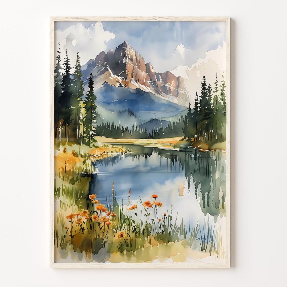 Banff Mountain Lake Watercolor Poster Wildflowers Pines Reflection