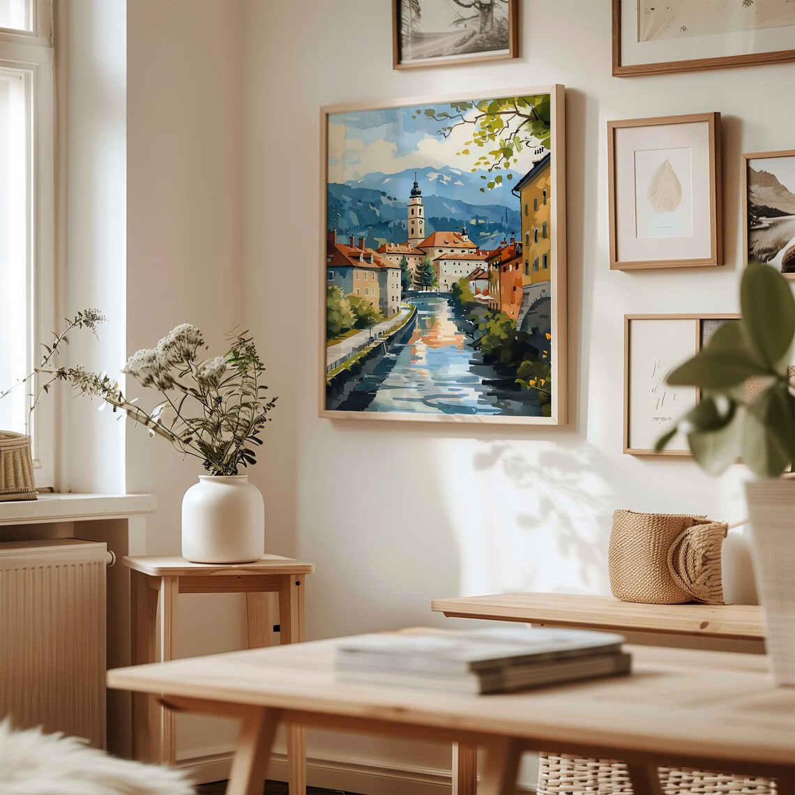 Ljubljana Watercolor Poster Castle Hill River Church Tower Sunshine - Image 3