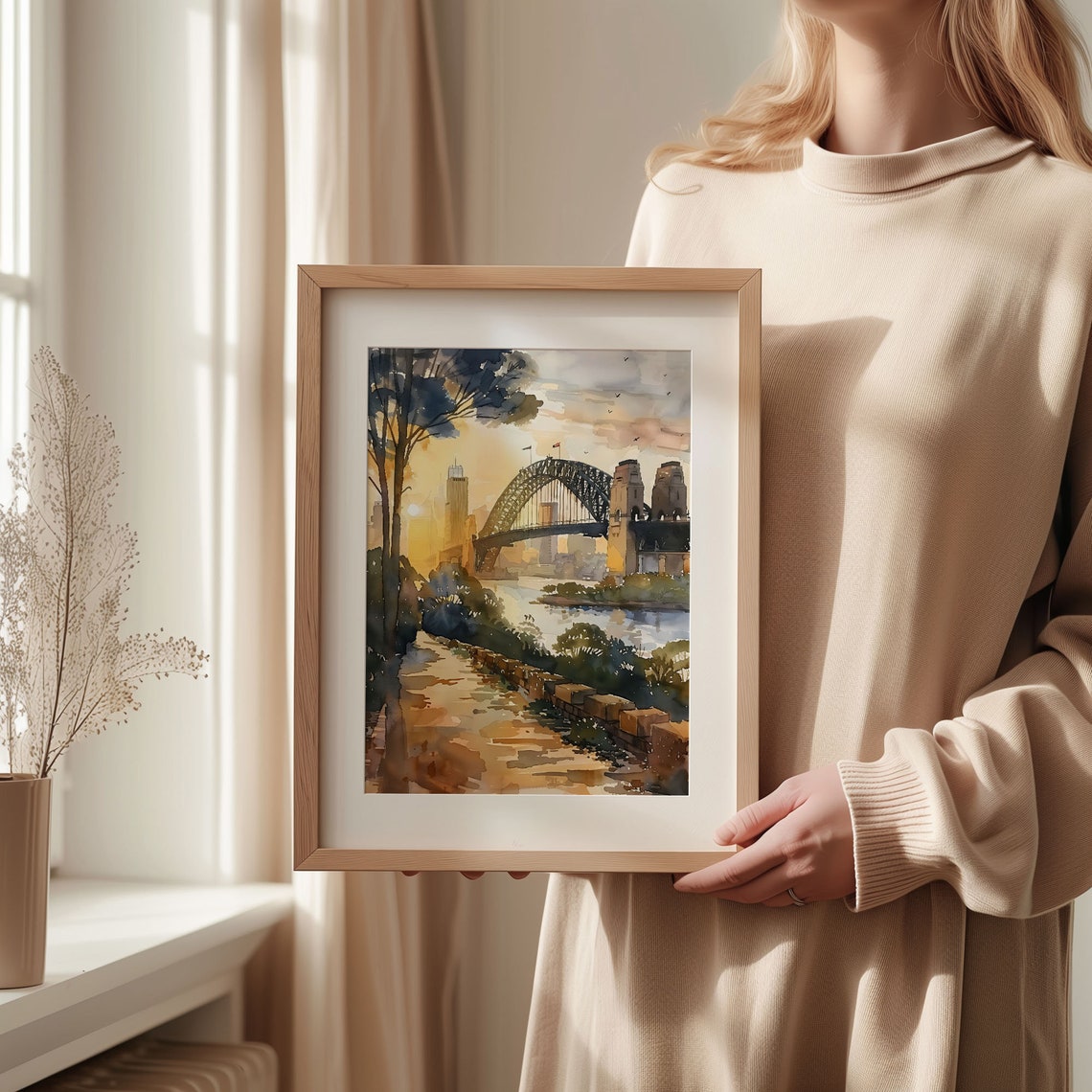 Sydney Harbour Bridge Sunset Waterfront Walkway Watercolor Poster - Image 2