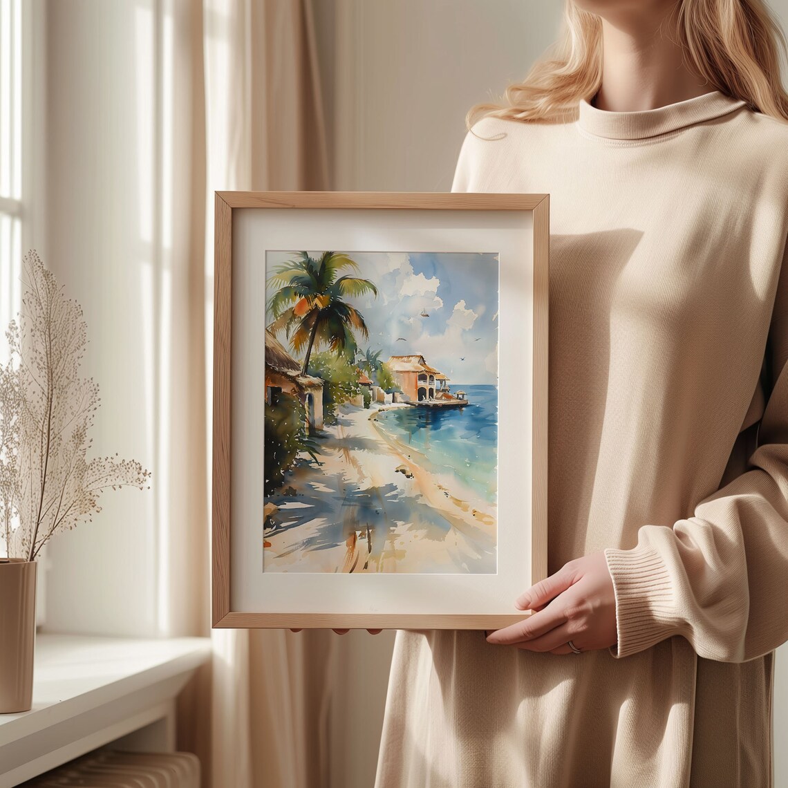 Maldives Watercolor Poster Overwater Villa Turquoise Sea Palms - Image 2