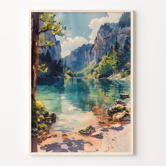 Plitvice Lakes Watercolor Painting, Croatia Travel Poster