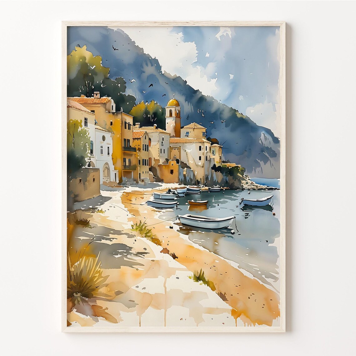 Paphos Cyprus Fishing Village Harbor Boats Watercolor Travel Poster