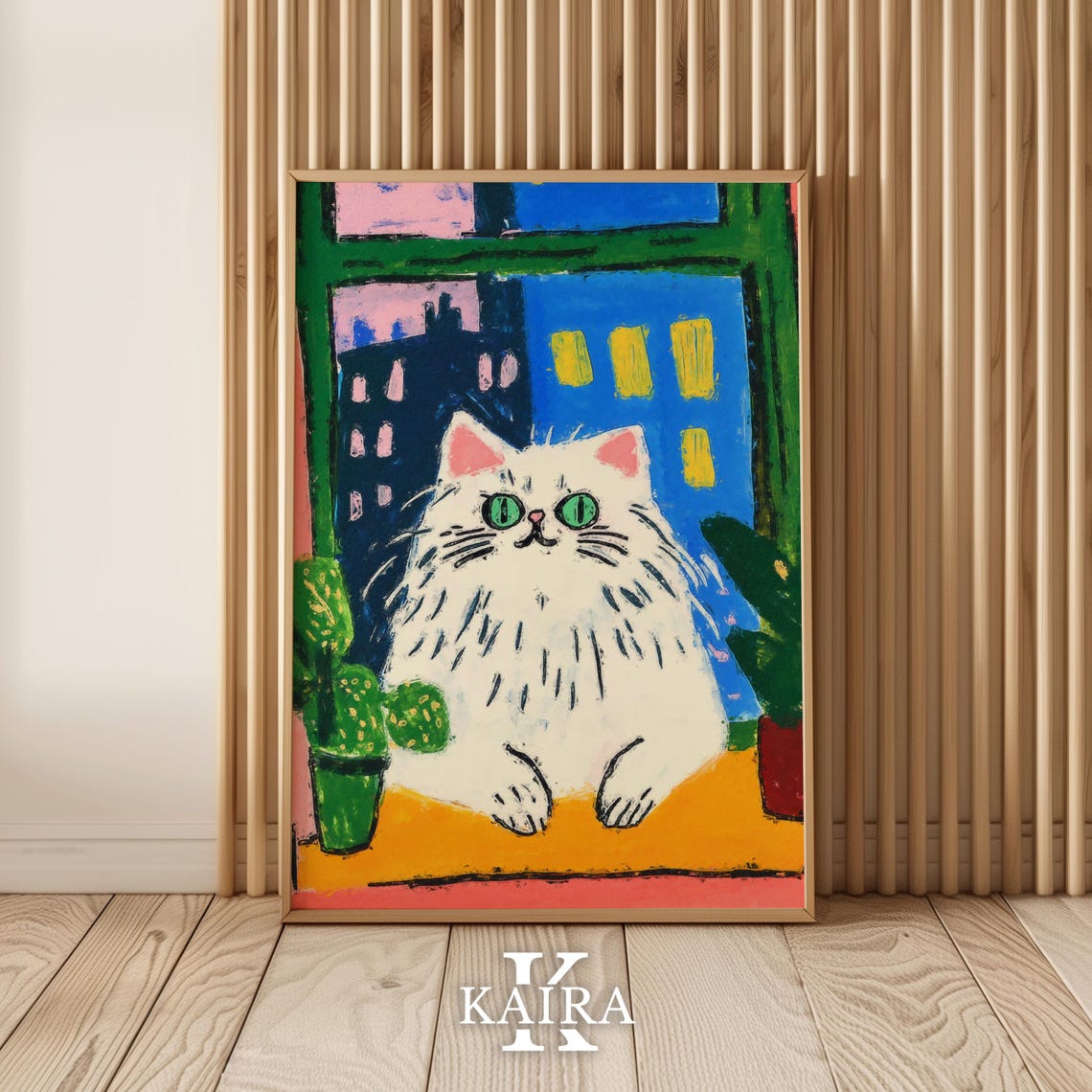 Fluffy White Cat Sitting in a Window Above the Night City Poster