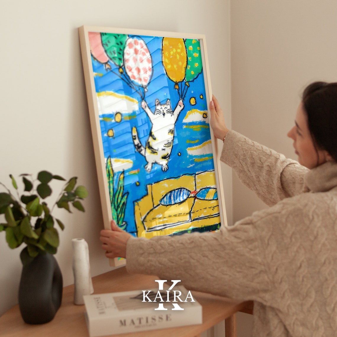 Joyful Tabby Cat Floating Through the Sky on Colorful Balloons Poster - Image 3
