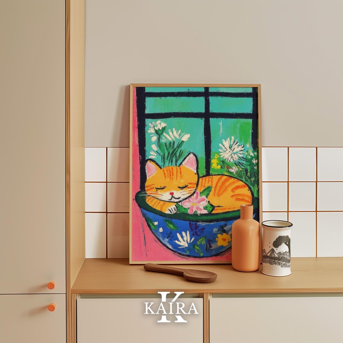 Sleepy Ginger Cat Curled Up in a Decorated Blue Floral Bowl Poster - Image 4